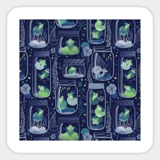 Glowing in the moss // pattern // blue background jars with lightning fireflies bugs quirky whimsical and bioluminescence lampyridae beetles Sticker